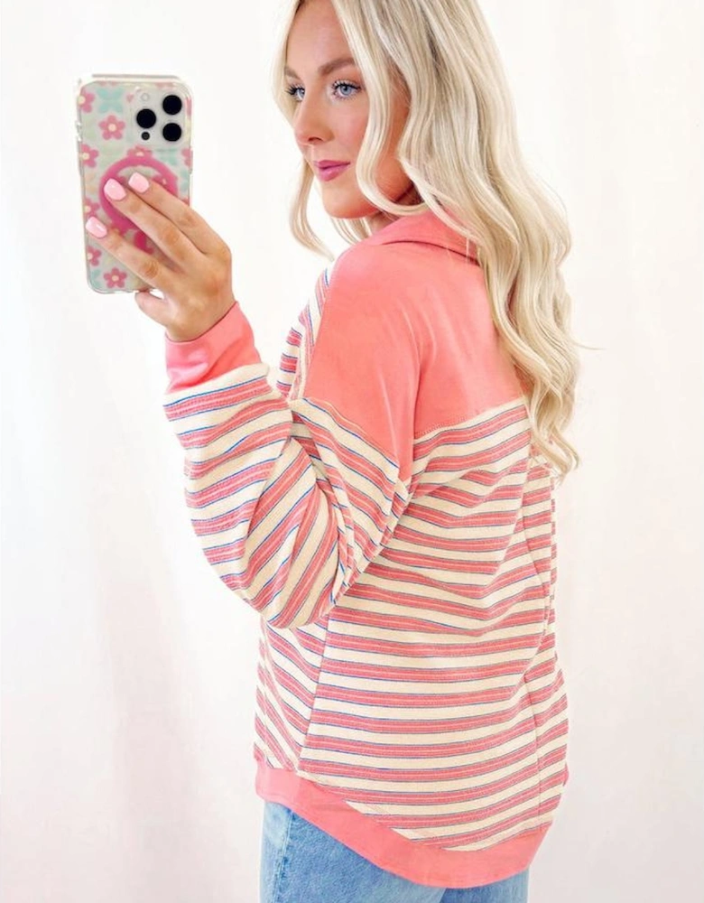 Pink Stripe Buttoned V Neck Collared Drop Shoulder Top