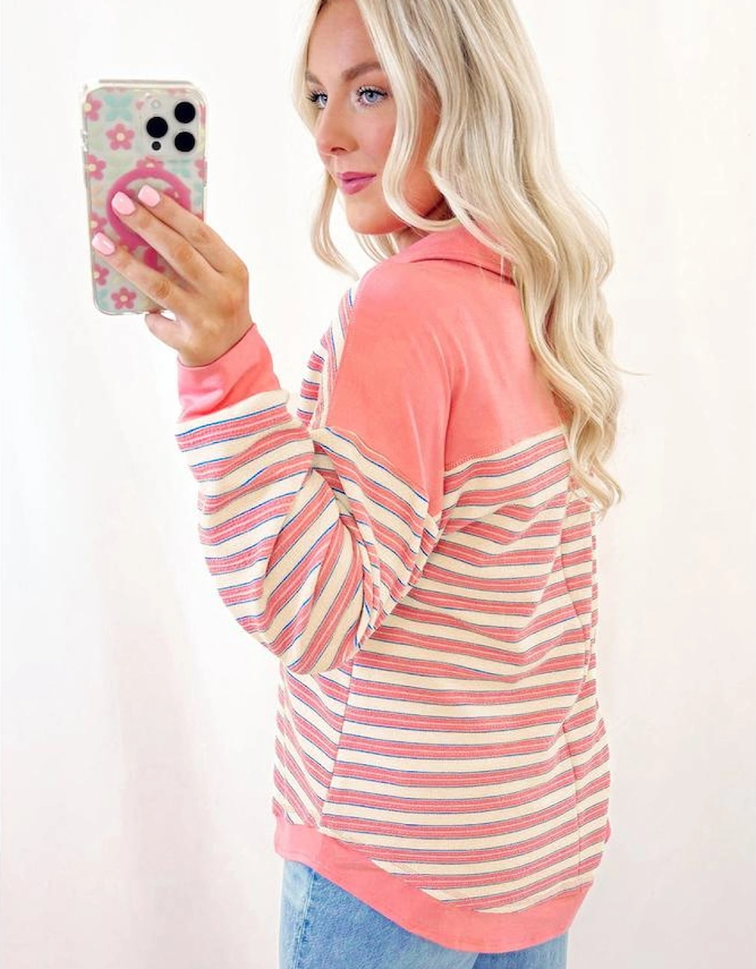 Pink Stripe Buttoned V Neck Collared Drop Shoulder Top, 10 of 9