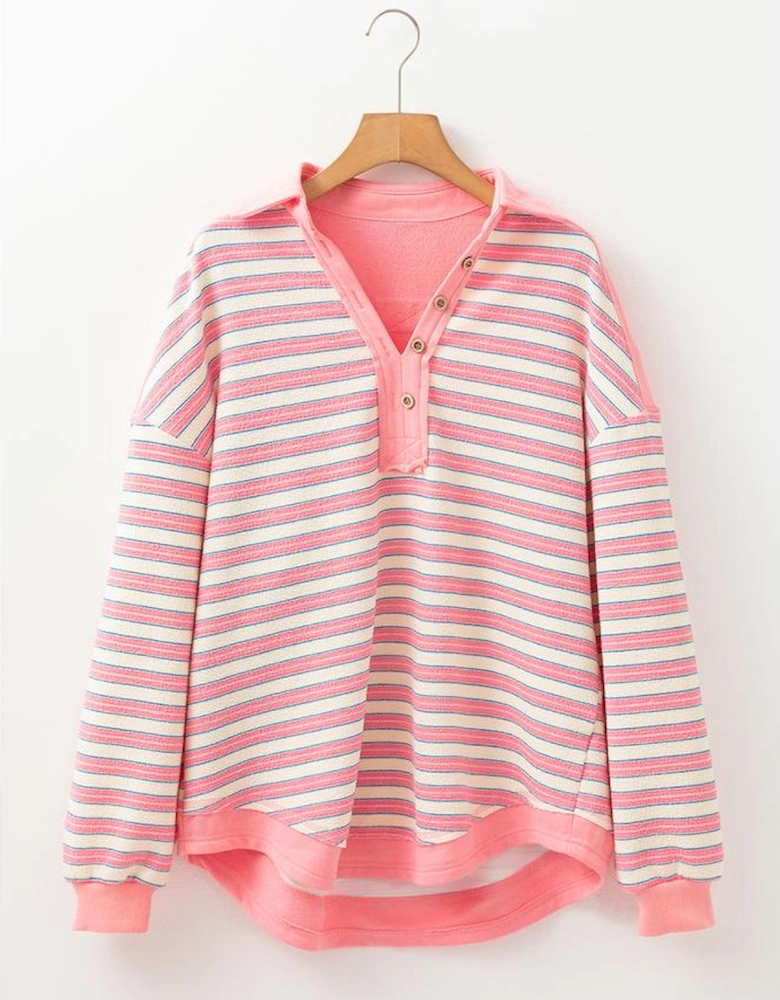 Pink Stripe Buttoned V Neck Collared Drop Shoulder Top