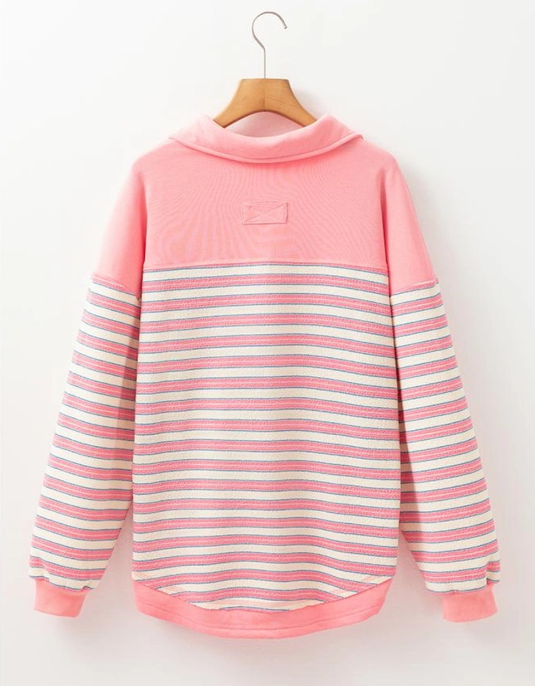 Pink Stripe Buttoned V Neck Collared Drop Shoulder Top
