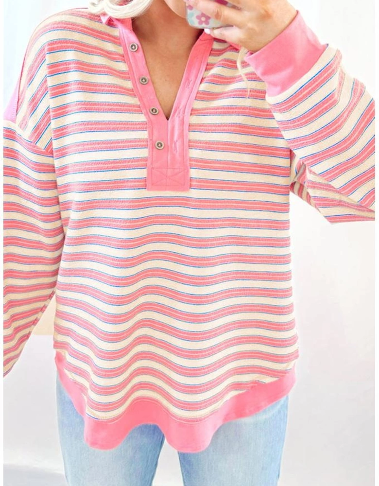 Pink Stripe Buttoned V Neck Collared Drop Shoulder Top