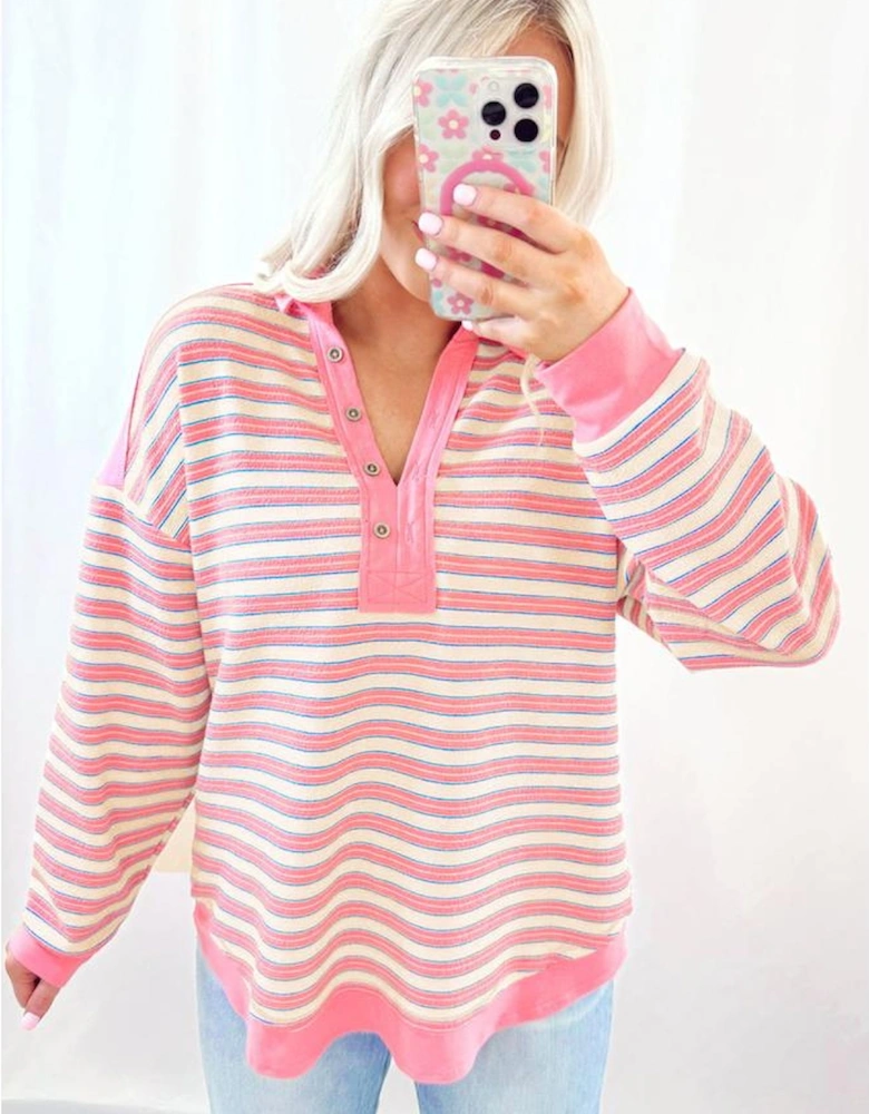 Pink Stripe Buttoned V Neck Collared Drop Shoulder Top