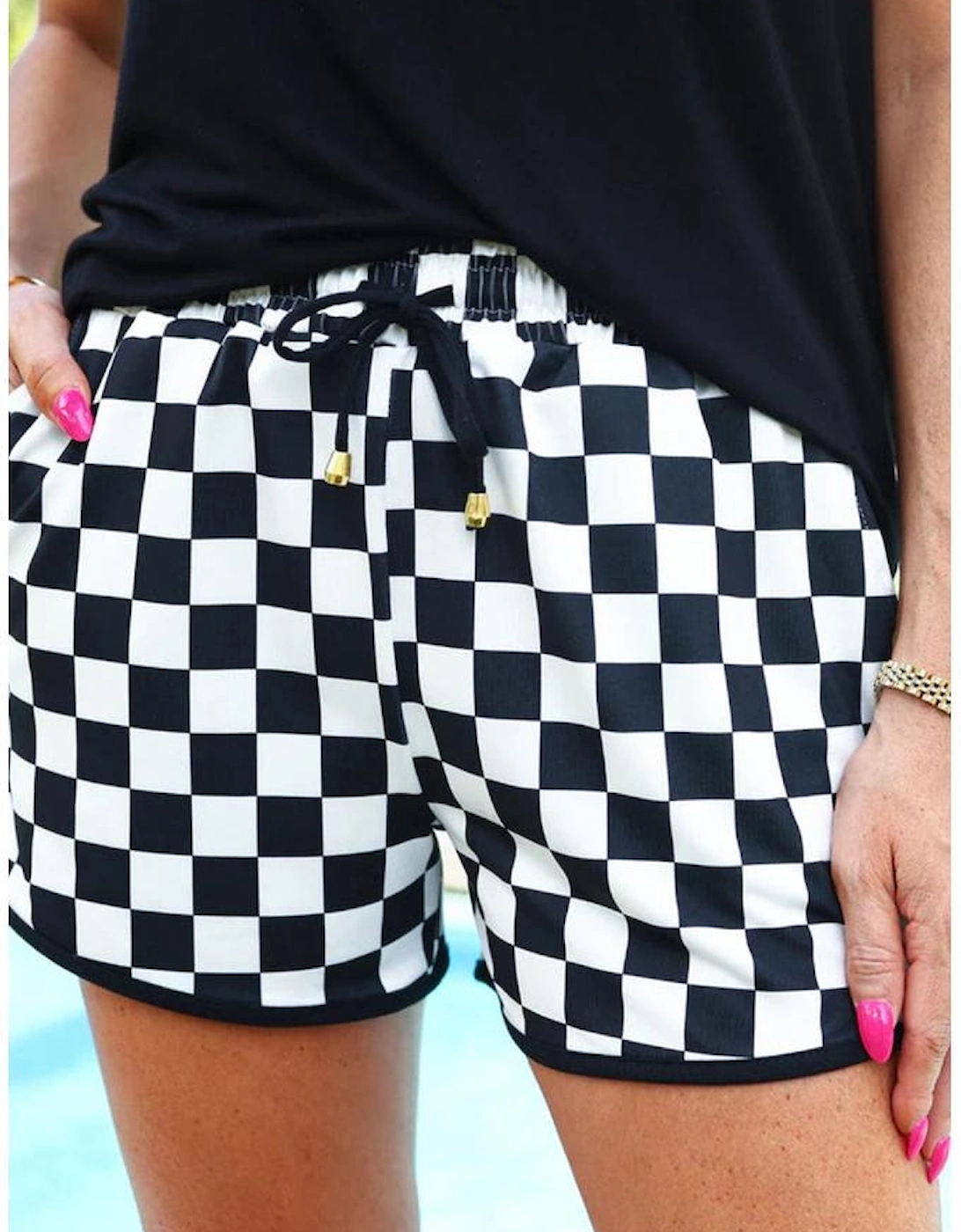 Azura Exchange Black Checkered Drawstring Elastic Waist Casual Shorts, 2 of 1