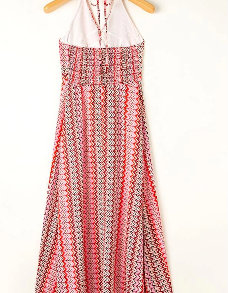 Red Halter Neck Tribal Boho Printed Backless Maxi Dress