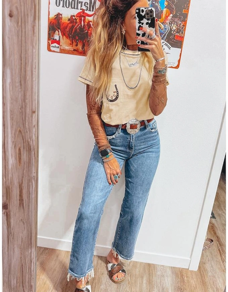 Apricot RODEO Horseshoe Embroidered Patch Pocket T Shirt