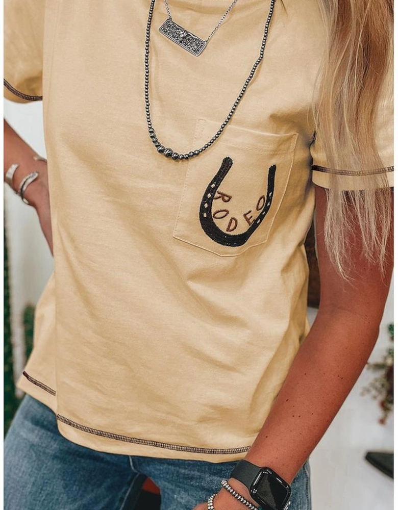 Apricot RODEO Horseshoe Embroidered Patch Pocket T Shirt