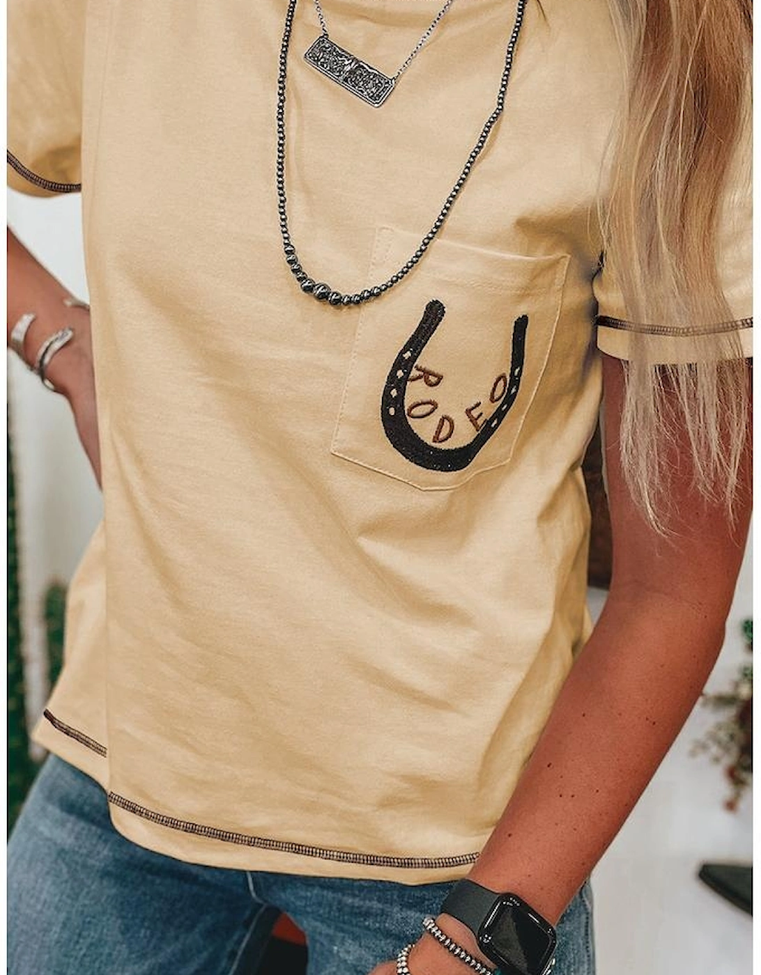 Apricot RODEO Horseshoe Embroidered Patch Pocket T Shirt