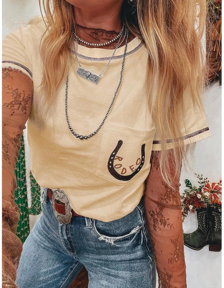 Apricot RODEO Horseshoe Embroidered Patch Pocket T Shirt