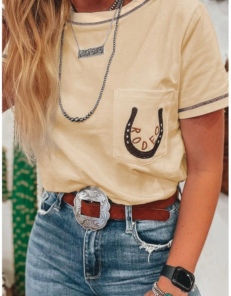 Apricot RODEO Horseshoe Embroidered Patch Pocket T Shirt