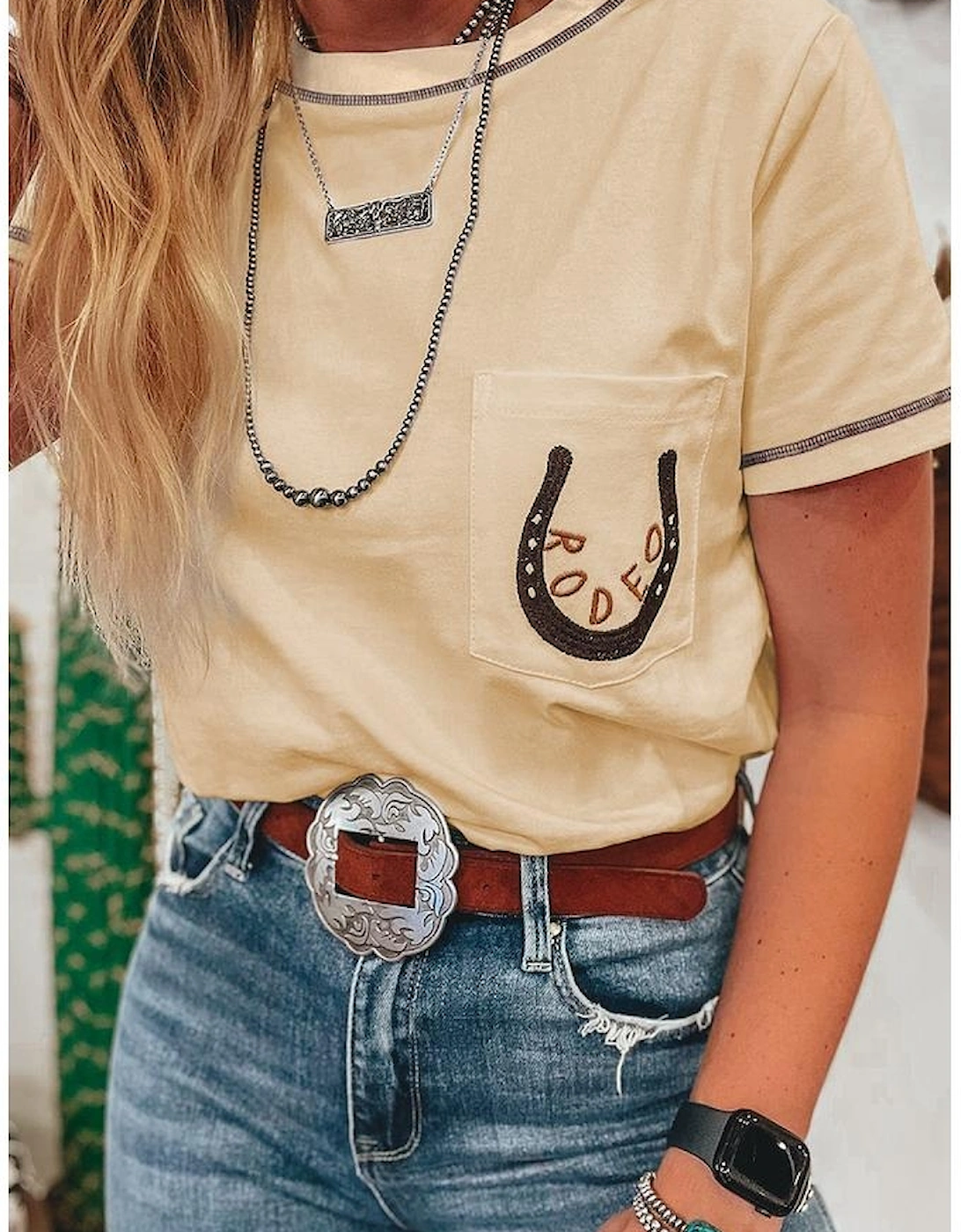 Apricot RODEO Horseshoe Embroidered Patch Pocket T Shirt
