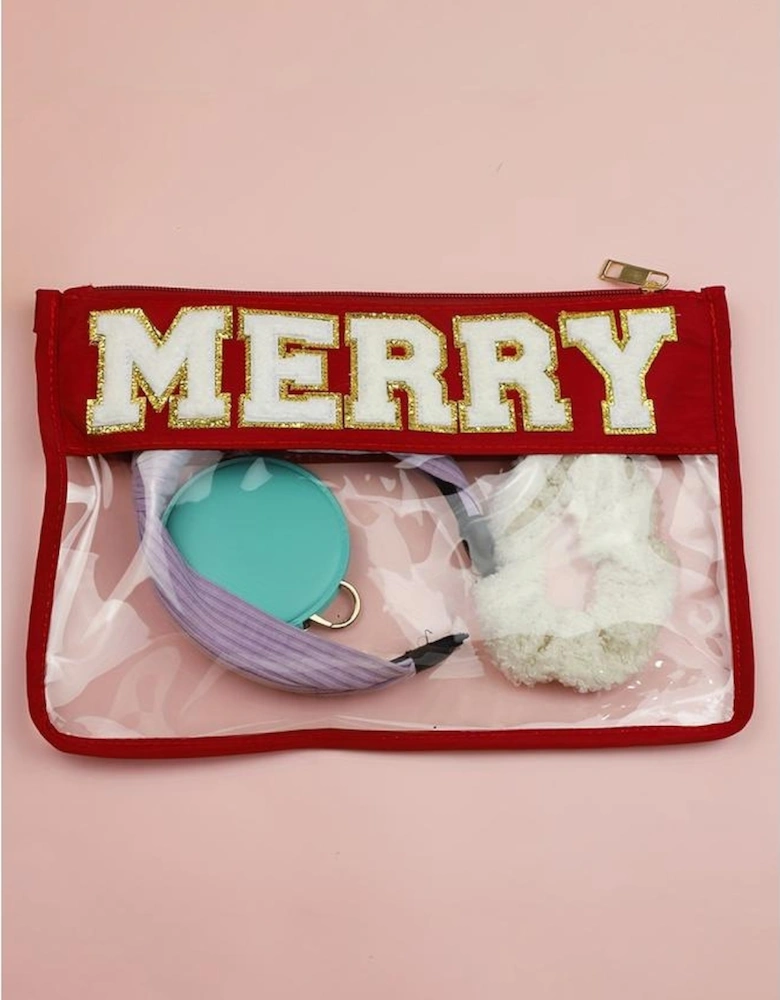 Red MERRY Contrast Trim Clear Makeup Bag