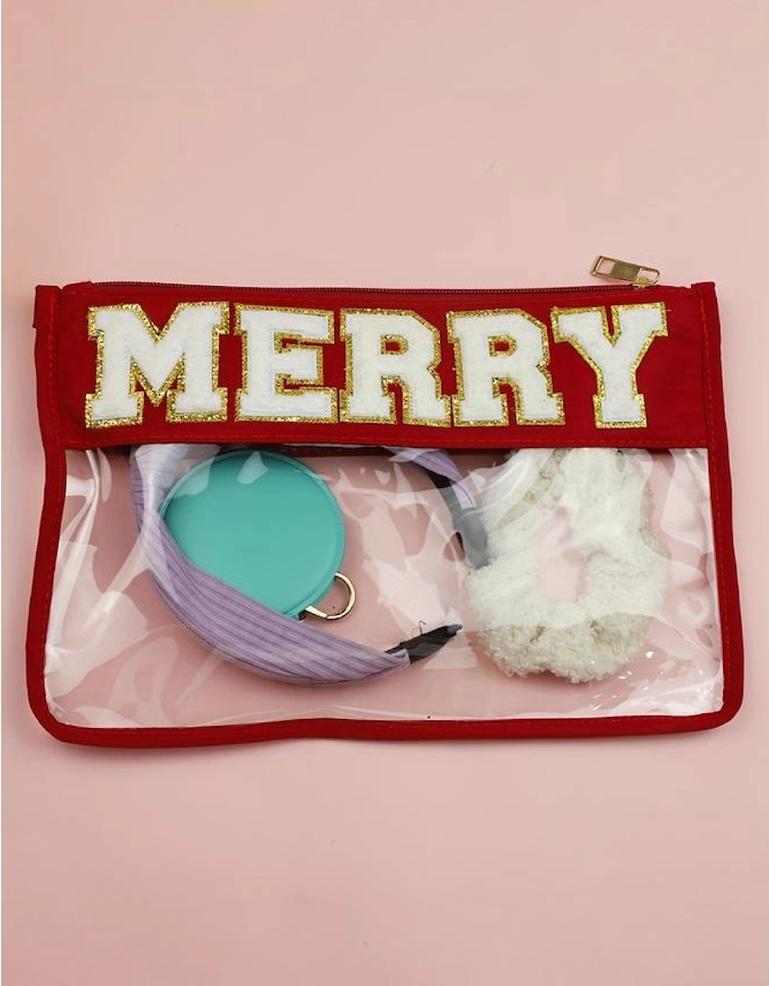 Red MERRY Contrast Trim Clear Makeup Bag
