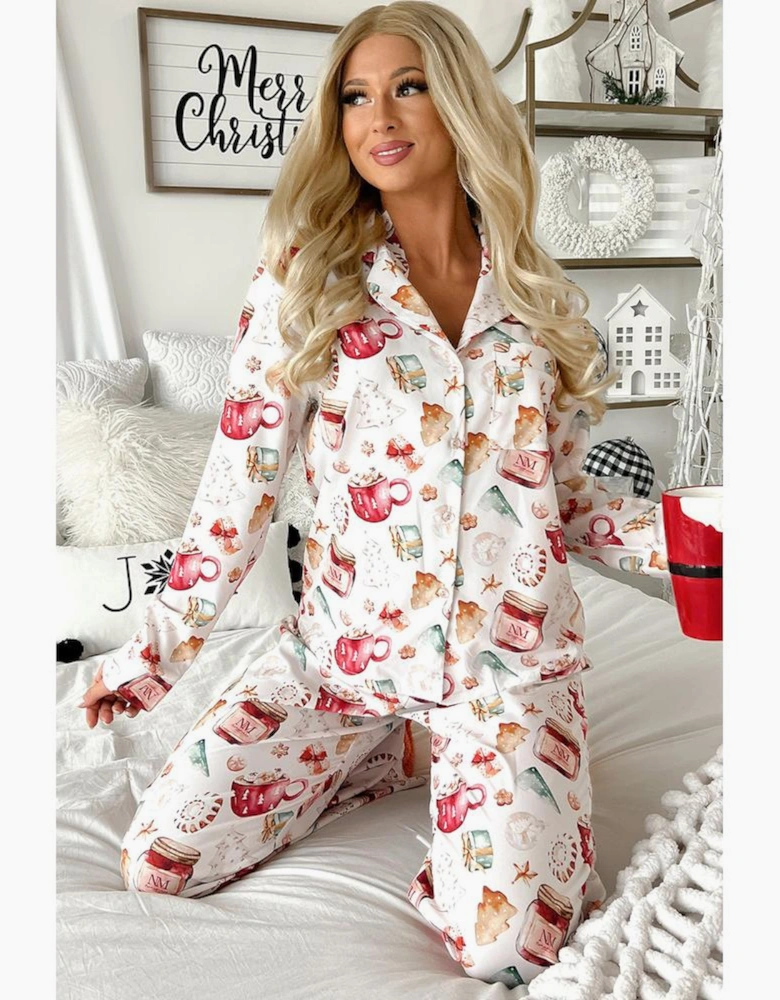 White Christmas Pattern Long Sleeve Shirt and Pants Pajama Set