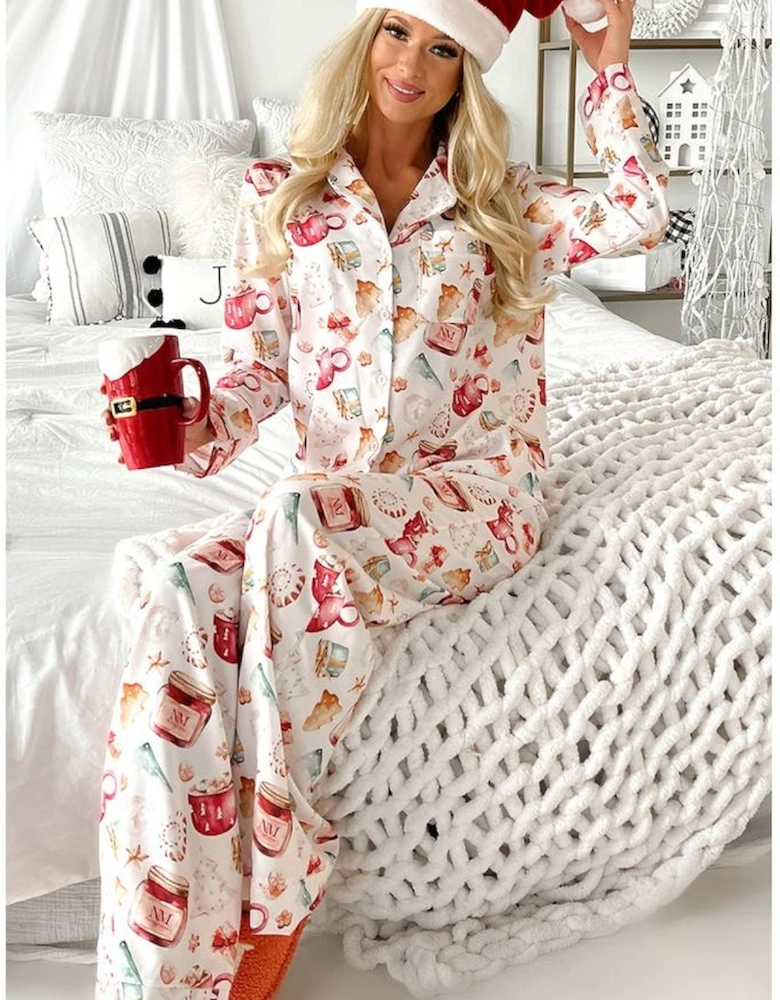 White Christmas Pattern Long Sleeve Shirt and Pants Pajama Set