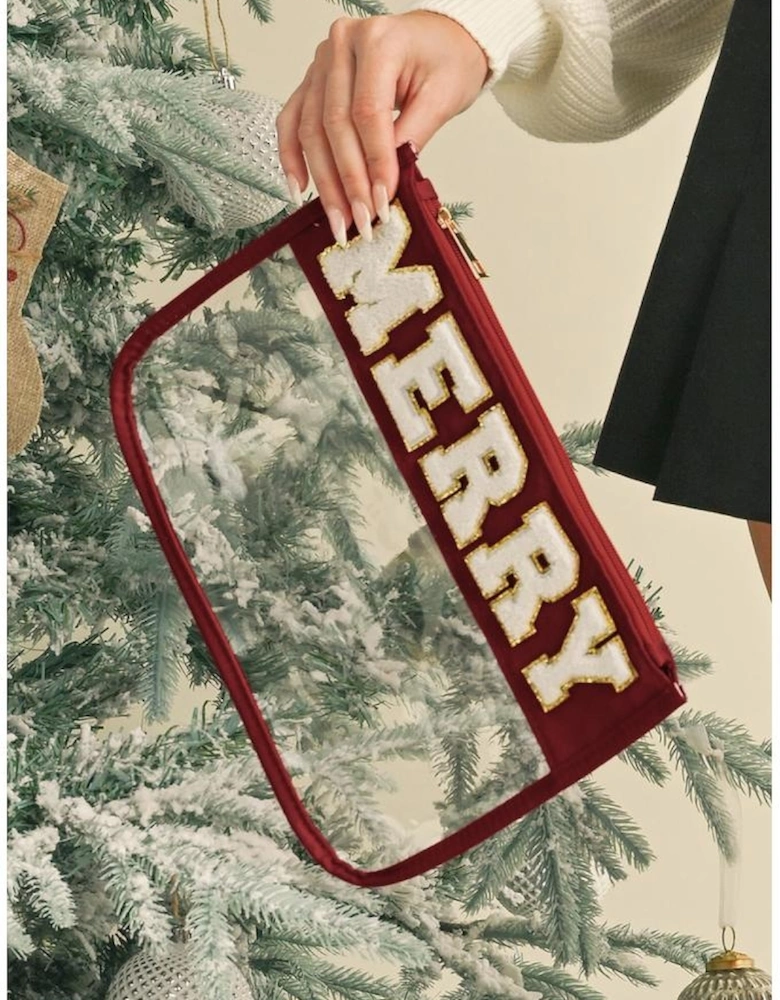 Red MERRY Contrast Trim Clear Makeup Bag