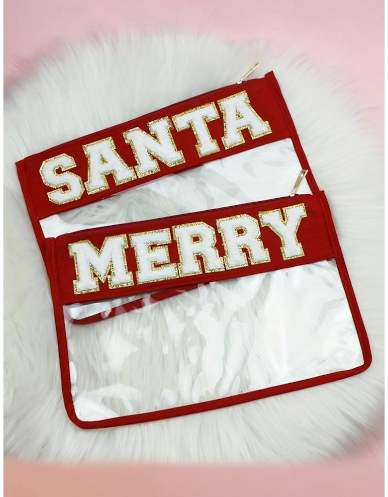 Red MERRY Contrast Trim Clear Makeup Bag
