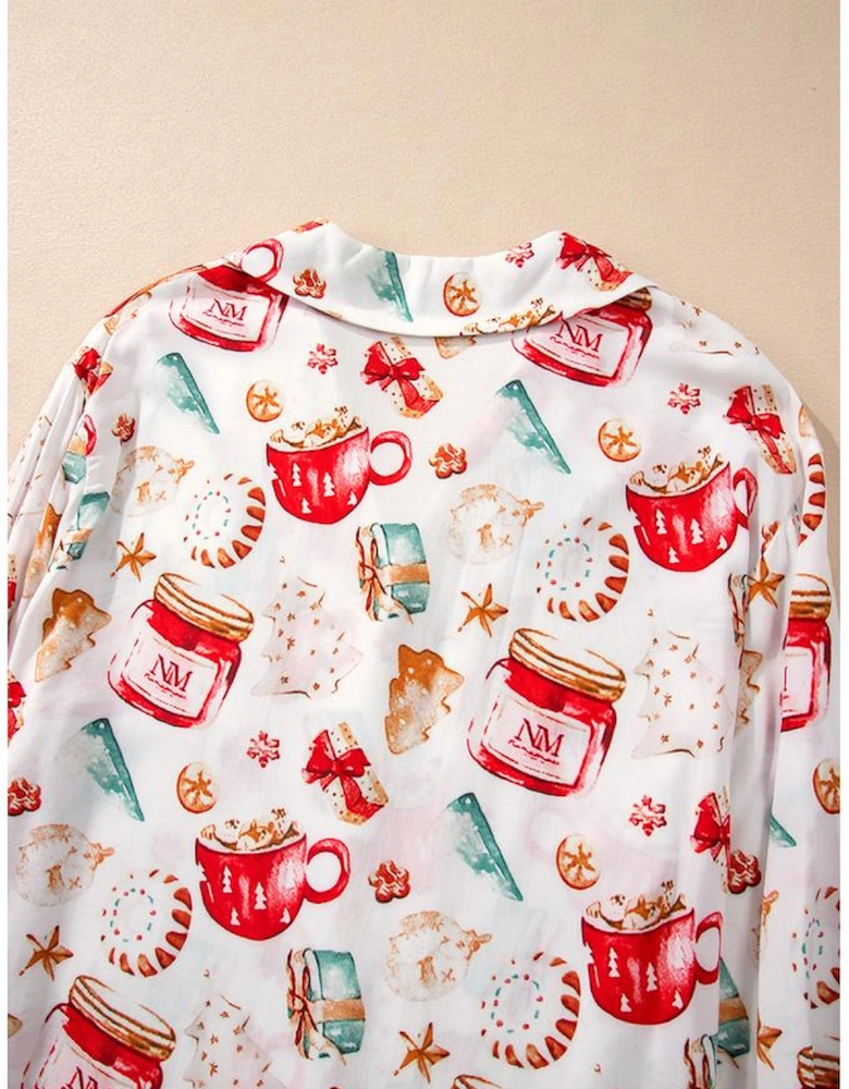 White Christmas Pattern Long Sleeve Shirt and Pants Pajama Set