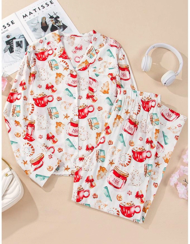 White Christmas Pattern Long Sleeve Shirt and Pants Pajama Set