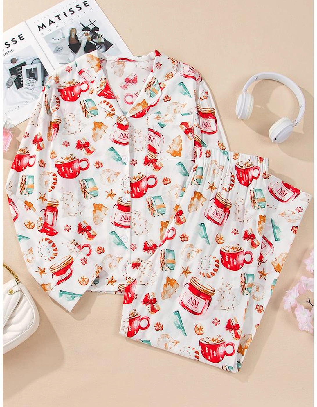 White Christmas Pattern Long Sleeve Shirt and Pants Pajama Set, 16 of 15