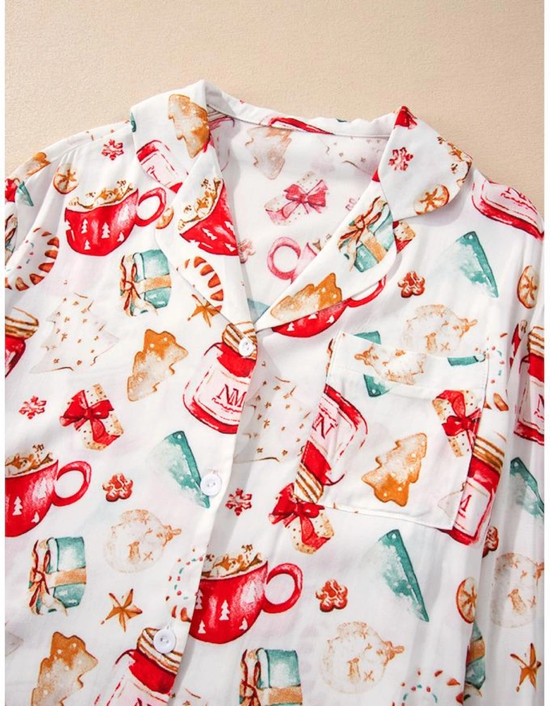 White Christmas Pattern Long Sleeve Shirt and Pants Pajama Set