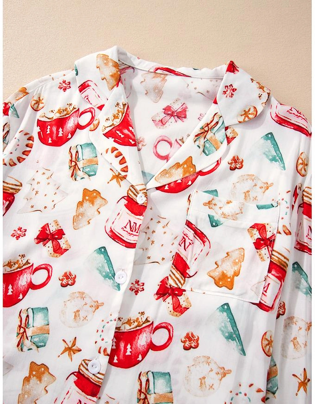 White Christmas Pattern Long Sleeve Shirt and Pants Pajama Set