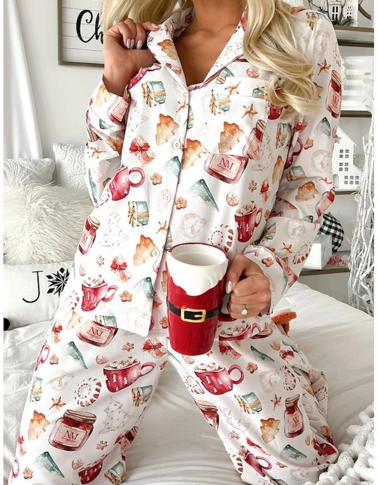White Christmas Pattern Long Sleeve Shirt and Pants Pajama Set