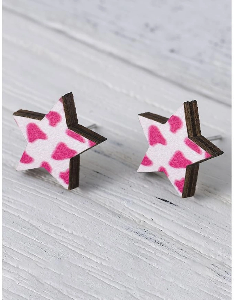 Azura Exchange Star Shape Stud Earrings in Dark Pink Cow Print