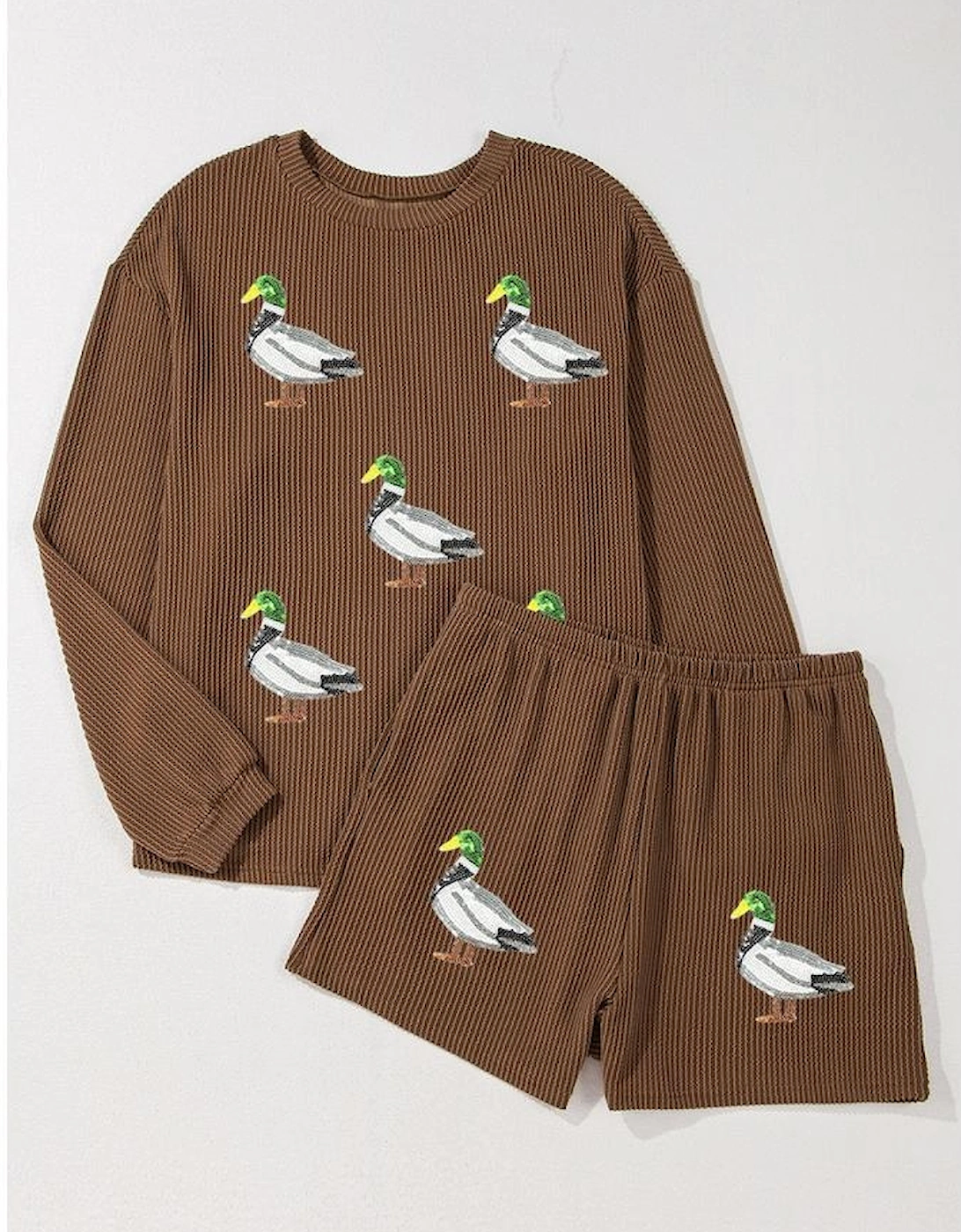 Chestnut Twisted Ribbed Sequin Mallard Graphic Long Sleeve Top and Short Set