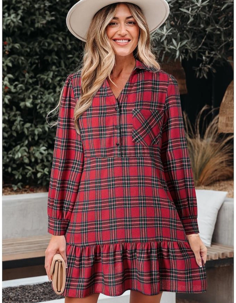 Red Plaid Shirt Collar Half Button Ruffle Hem Long Sleeve Mini Dress