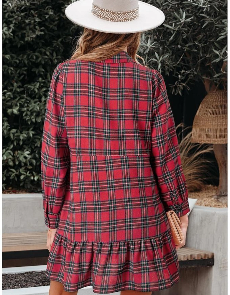 Red Plaid Shirt Collar Half Button Ruffle Hem Long Sleeve Mini Dress