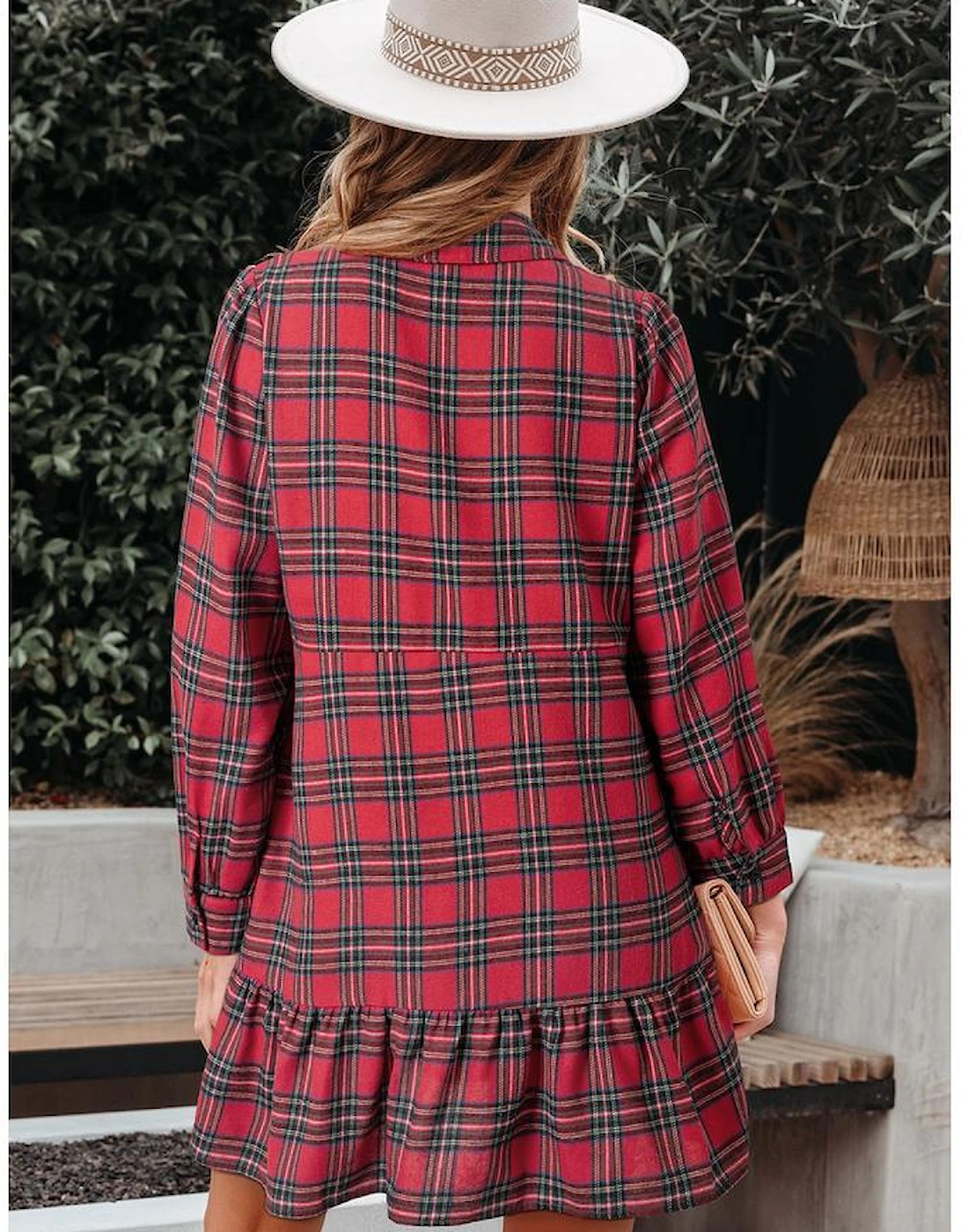 Red Plaid Shirt Collar Half Button Ruffle Hem Long Sleeve Mini Dress, 11 of 10