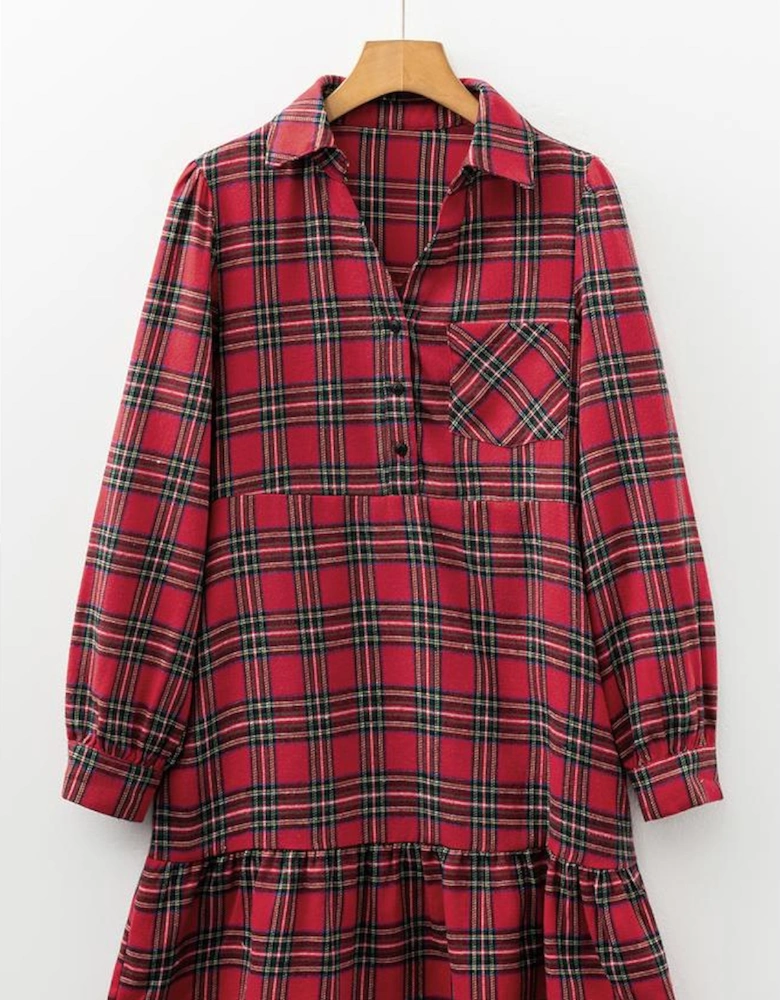 Red Plaid Shirt Collar Half Button Ruffle Hem Long Sleeve Mini Dress