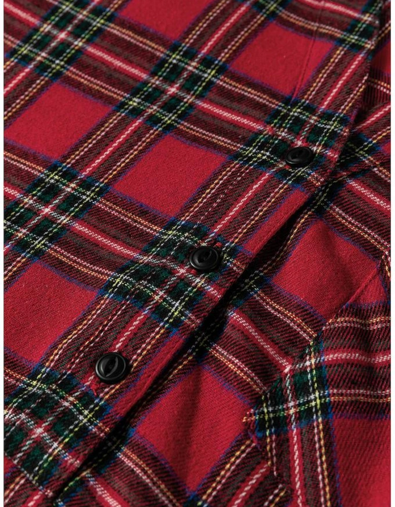 Red Plaid Shirt Collar Half Button Ruffle Hem Long Sleeve Mini Dress