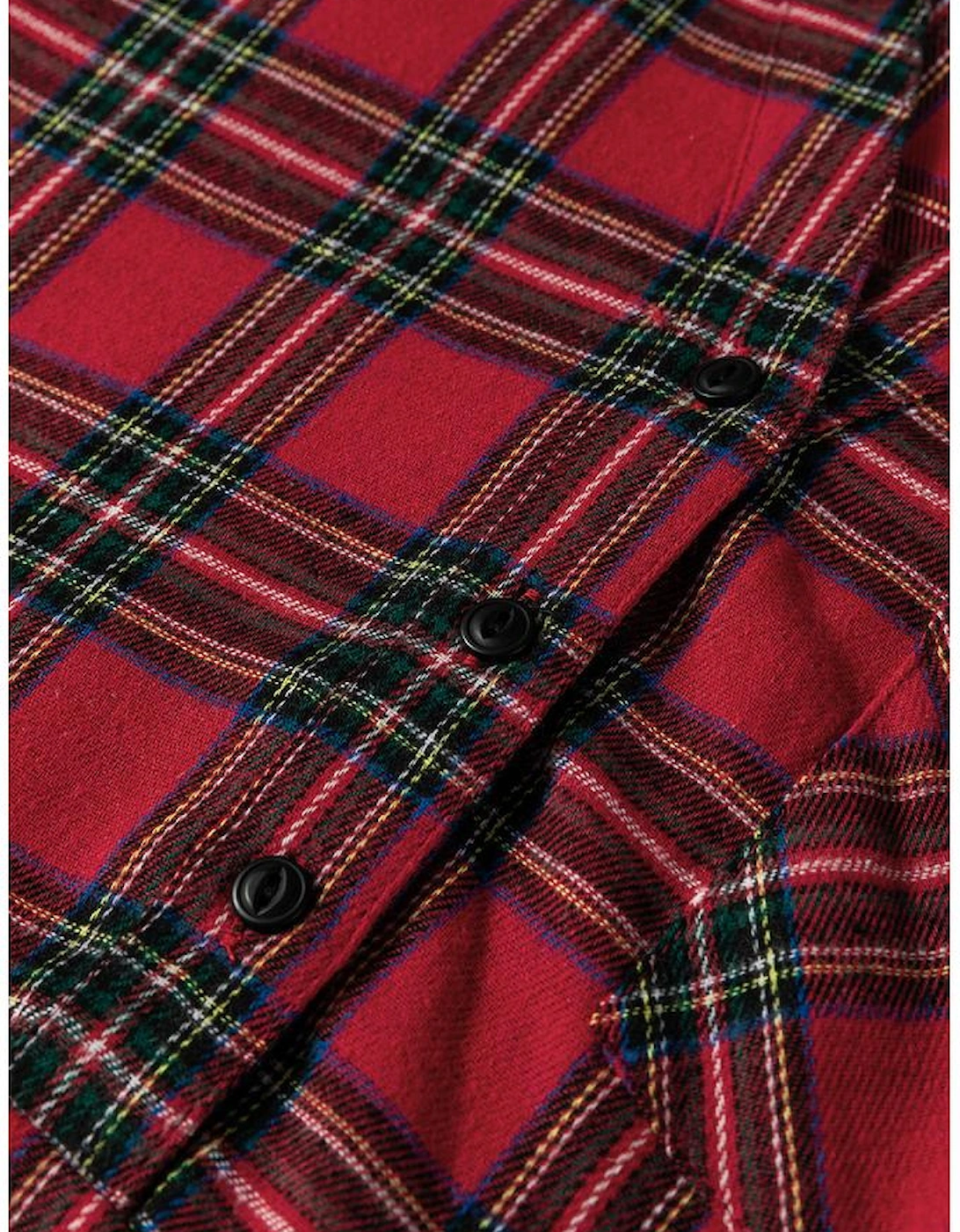 Red Plaid Shirt Collar Half Button Ruffle Hem Long Sleeve Mini Dress