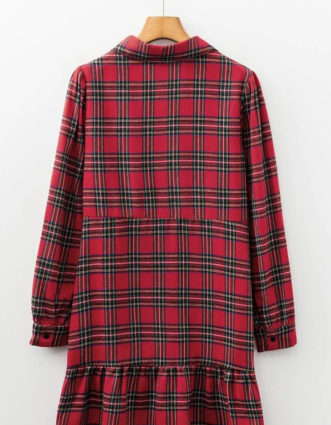 Red Plaid Shirt Collar Half Button Ruffle Hem Long Sleeve Mini Dress