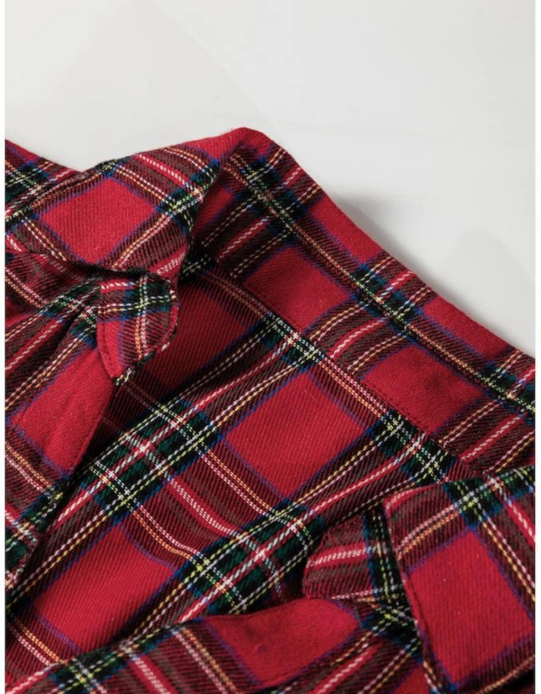 Red Plaid Shirt Collar Half Button Ruffle Hem Long Sleeve Mini Dress