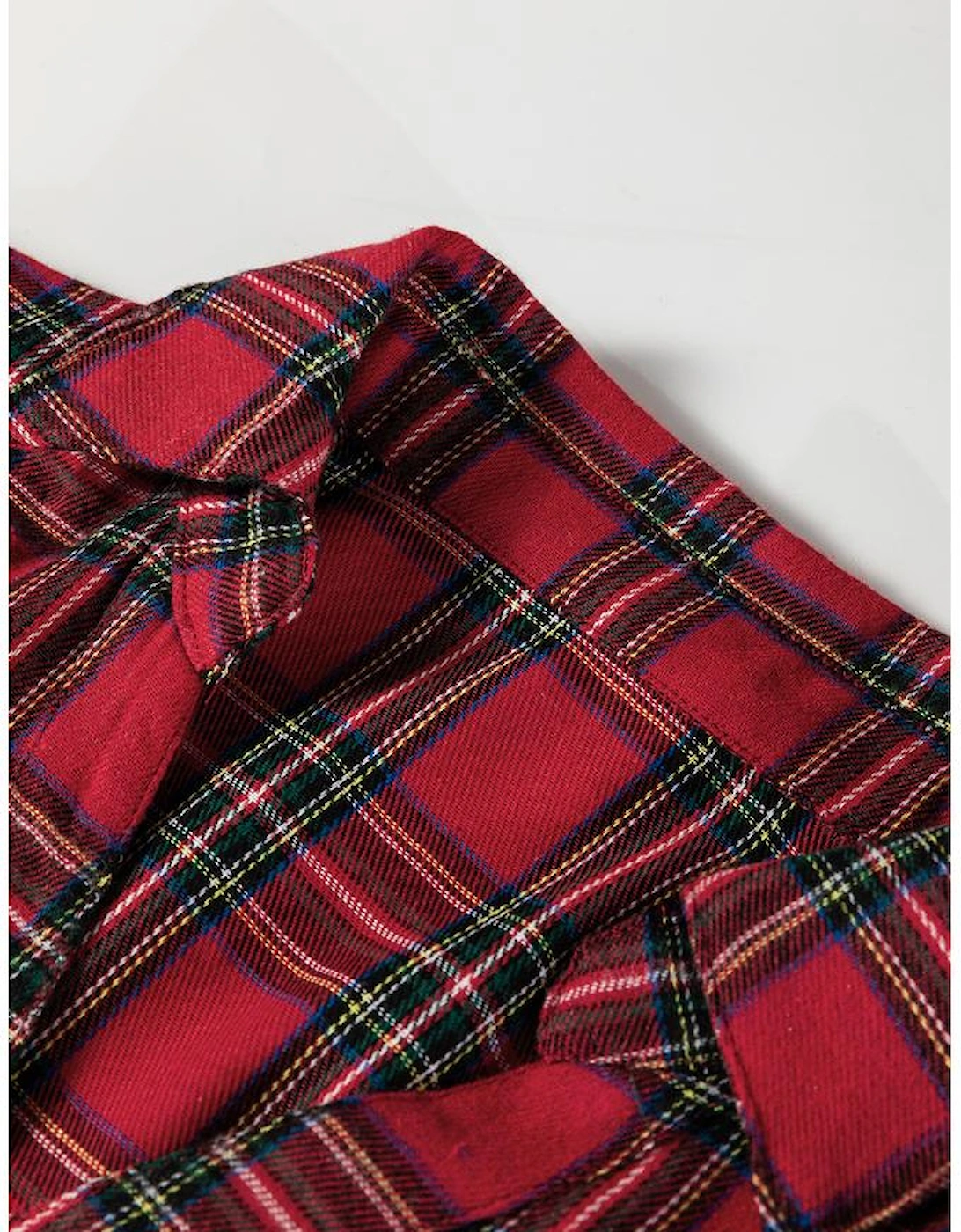 Red Plaid Shirt Collar Half Button Ruffle Hem Long Sleeve Mini Dress