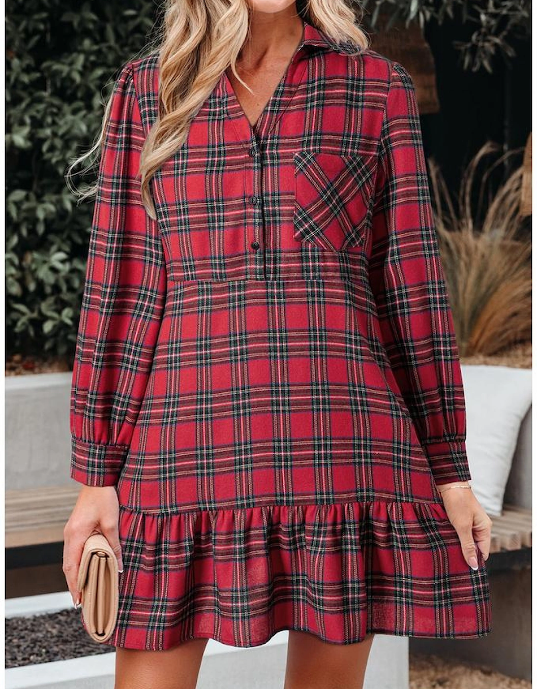 Red Plaid Shirt Collar Half Button Ruffle Hem Long Sleeve Mini Dress