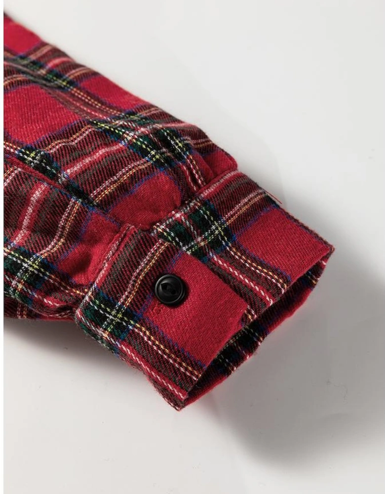 Red Plaid Shirt Collar Half Button Ruffle Hem Long Sleeve Mini Dress