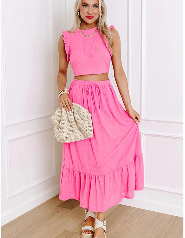 Bonbon Textured Ruffle Trim Crop Vest Lace-up Long Skirt Set