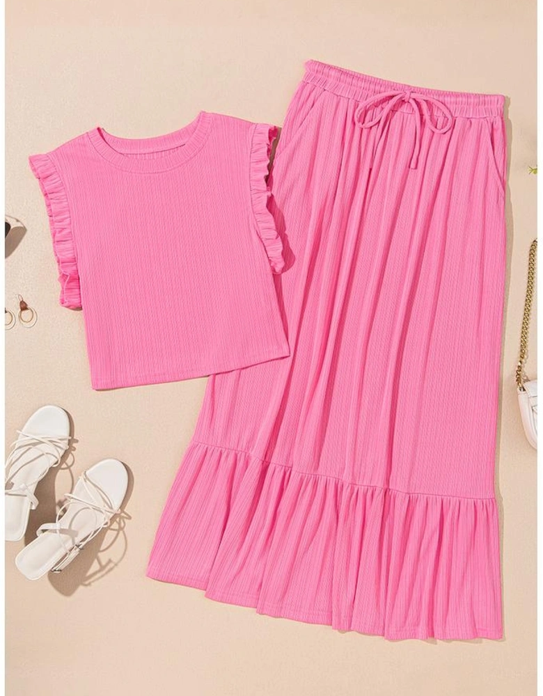 Bonbon Textured Ruffle Trim Crop Vest Lace-up Long Skirt Set