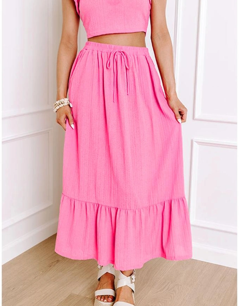 Bonbon Textured Ruffle Trim Crop Vest Lace-up Long Skirt Set