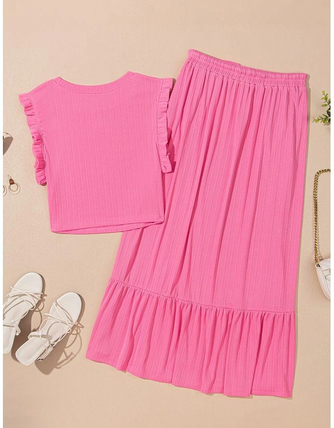 Bonbon Textured Ruffle Trim Crop Vest Lace-up Long Skirt Set