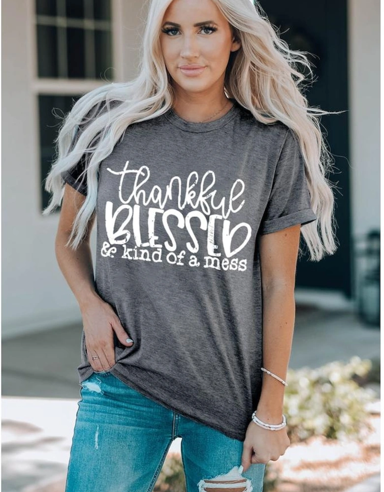 Gray Thankful Blessed & Kind of a Mess Graphic Tee