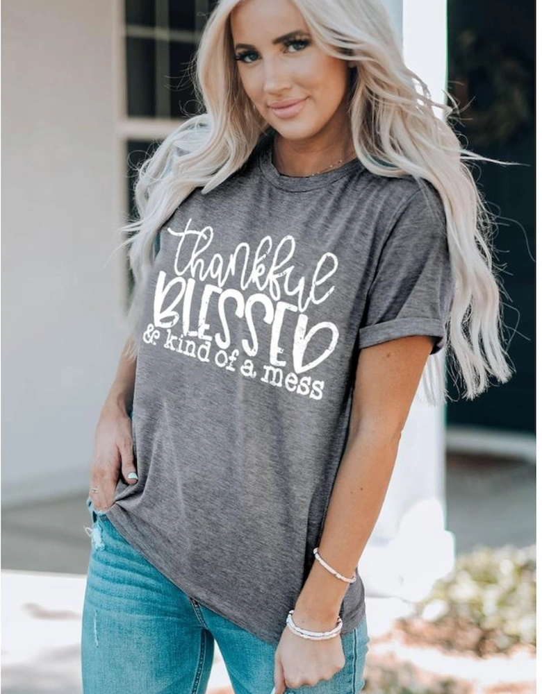 Gray Thankful Blessed & Kind of a Mess Graphic Tee