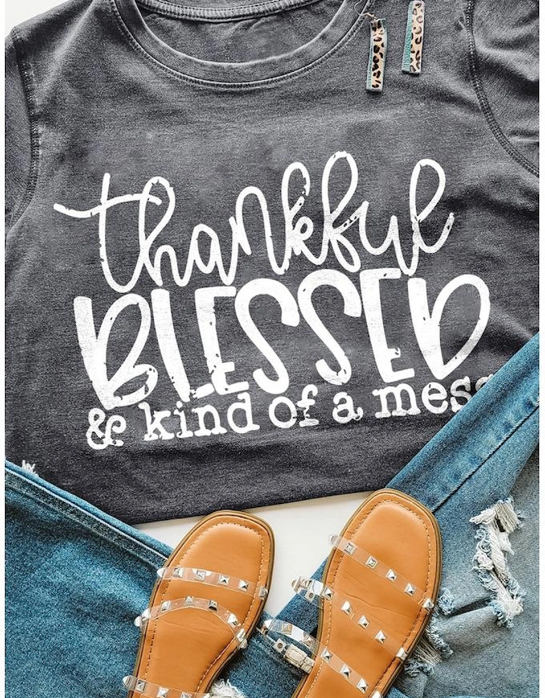 Gray Thankful Blessed & Kind of a Mess Graphic Tee, 7 of 6