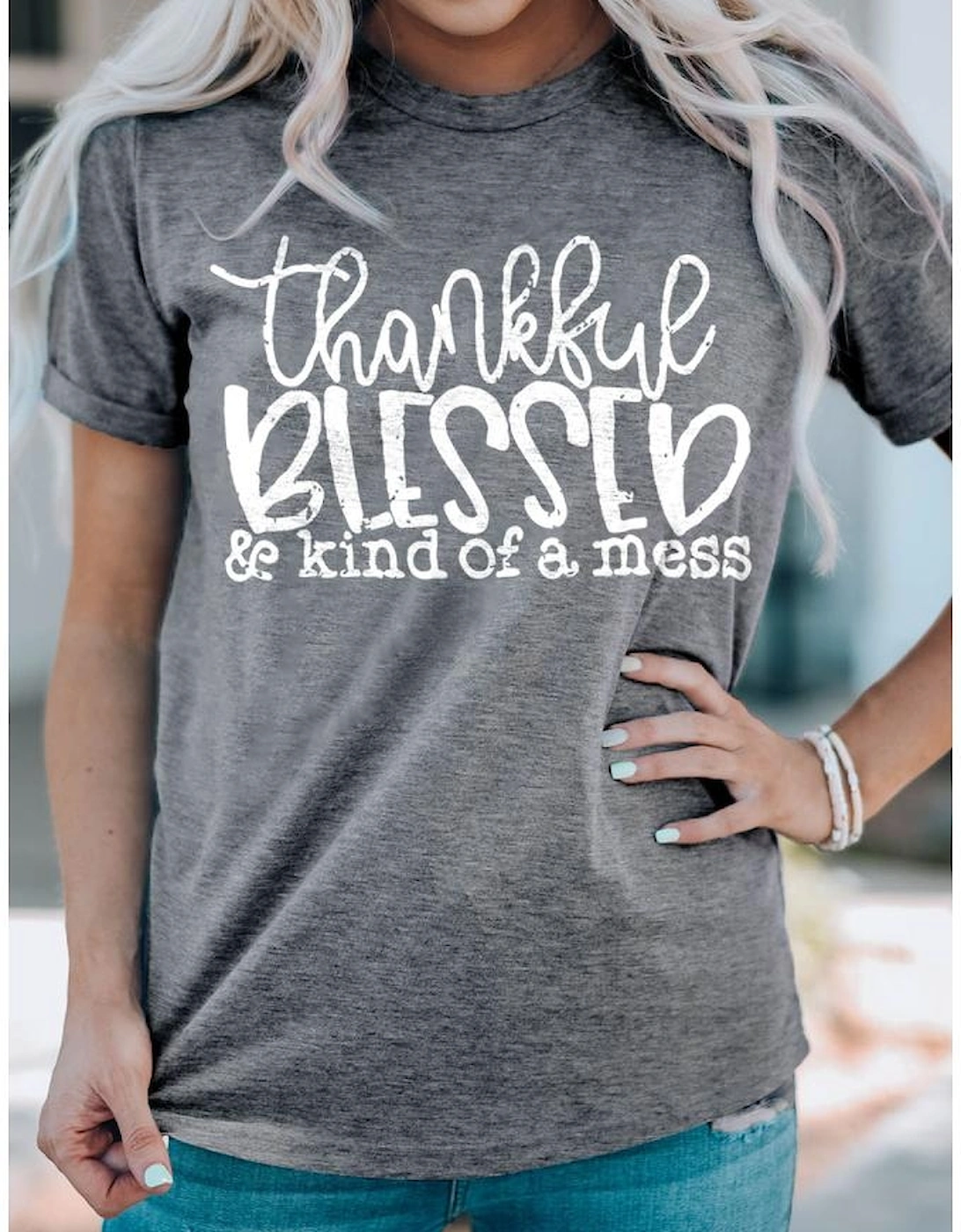 Gray Thankful Blessed & Kind of a Mess Graphic Tee