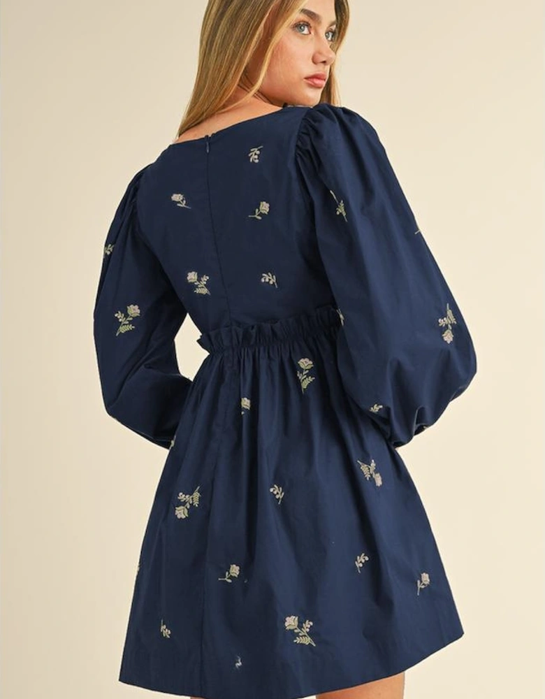 Blue Floral Embroidered Square Neck Puff Sleeve Ruffled Mini Dress