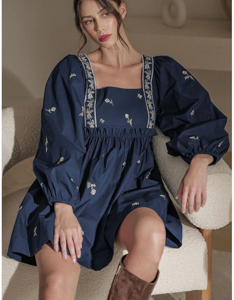 Blue Floral Embroidered Square Neck Puff Sleeve Ruffled Mini Dress