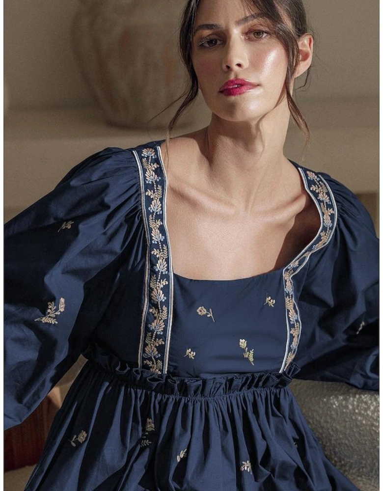 Blue Floral Embroidered Square Neck Puff Sleeve Ruffled Mini Dress